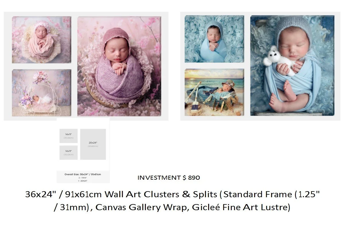 A wall art cluster featuring six framed photographs of babies, including close-ups of newborns sleeping, a baby laying on a floral background, a baby swaddled in blue, and a naked baby with a teddy bear, arranged on a white background with measuremen