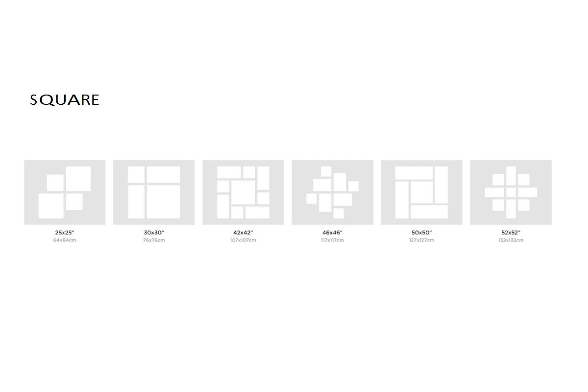 A chart displaying various square sizes with their dimensions, including 25x25 inches, 30x30 inches, 42x42 inches, 46x46 inches, 50x50 inches, and 52x52 inches.