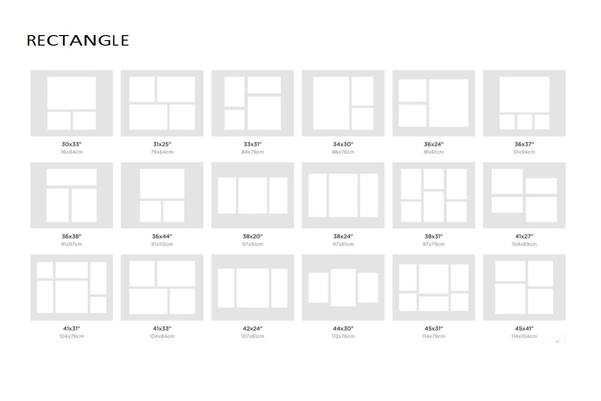 A chart showing different sizes and dimensions of rectangular shapes in a grid format.