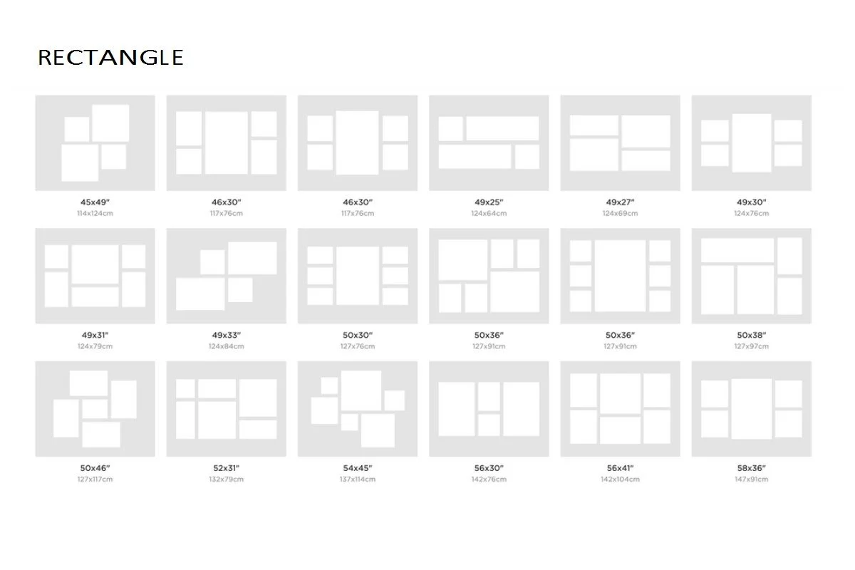 Chart displaying various rectangular shapes with different dimensions in inches and centimeters.
