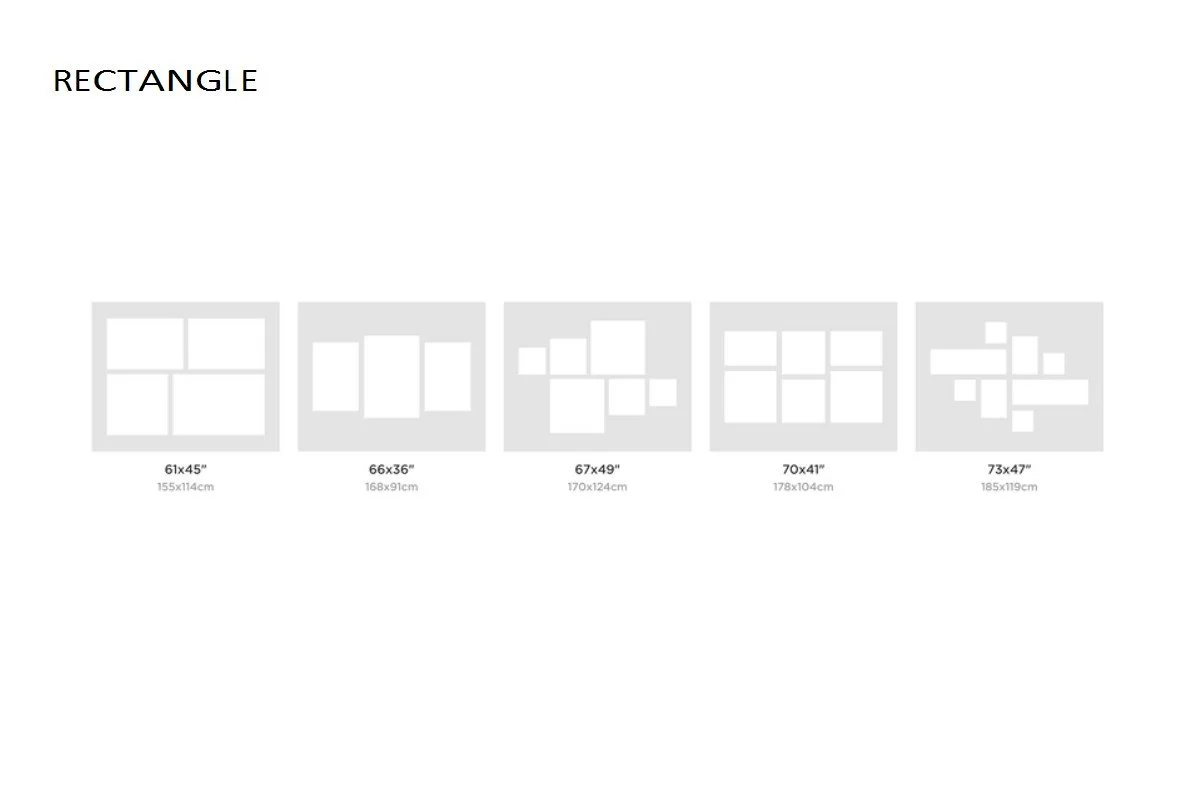 A screen displaying different layout options for a rectangle shape with labels and dimensions under each.