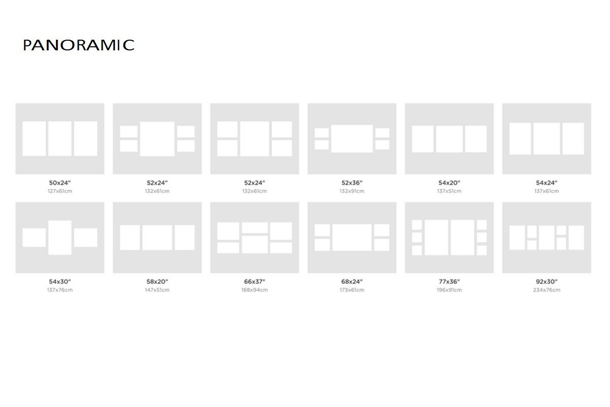 This is a schematic diagram showing different sizes of panoramic photo frames, with dimensions in inches and centimeters listed below each frame illustration.