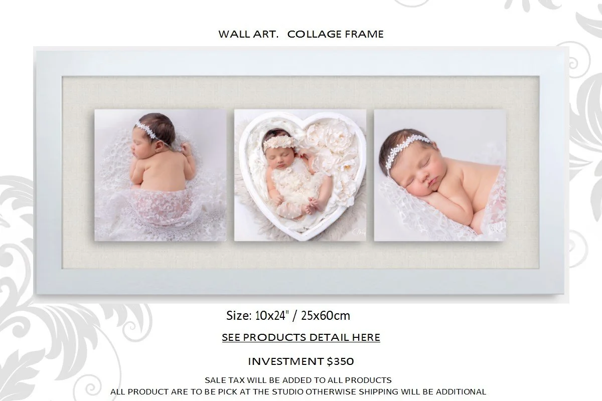 Three baby photos in a collage frame, with one in a bubble bath, another sleeping in a heart-shaped bed, and the third sleeping with a headband, all decorated with lace and white accessories.