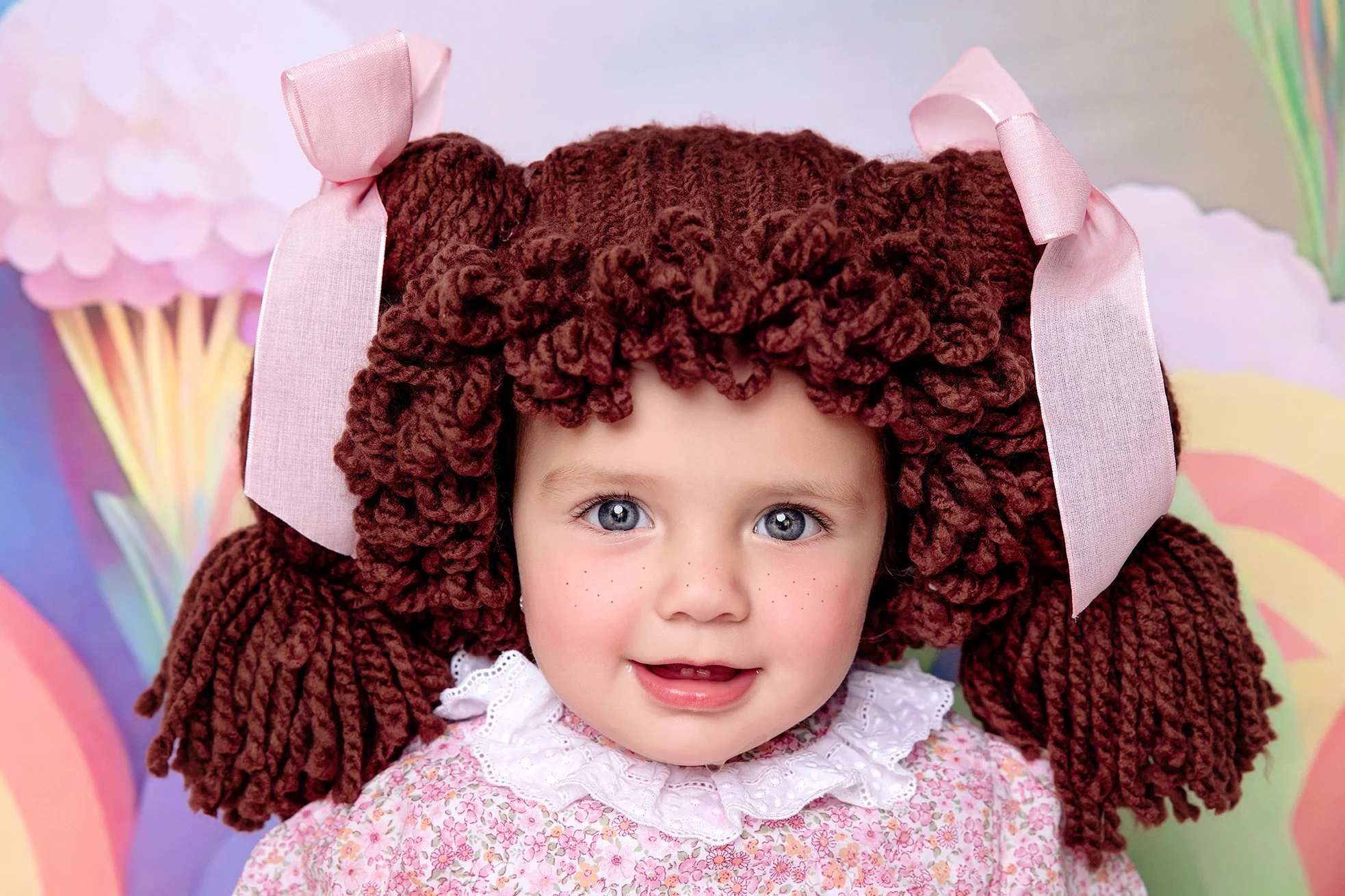A young girl with blue eyes wearing a brown yarn hat with large puffy yarn braids and pink ribbons, in front of a colorful rainbow-themed backdrop.