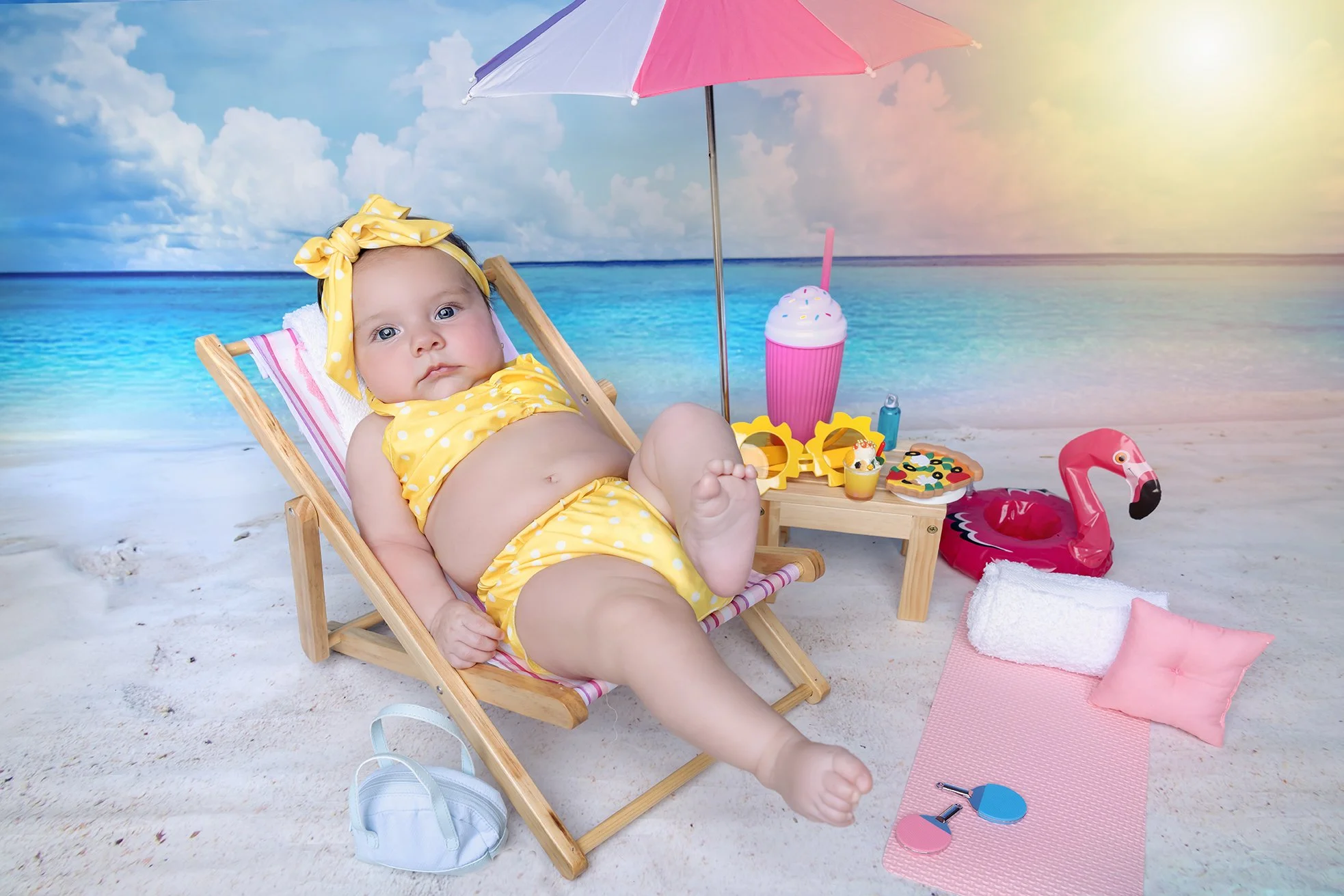Baby girl in a yellow polka dot swimsuit with a matching headband, relaxing on a beach chair, surrounded by beach toys and accessories, with a backdrop of beach and ocean scene.