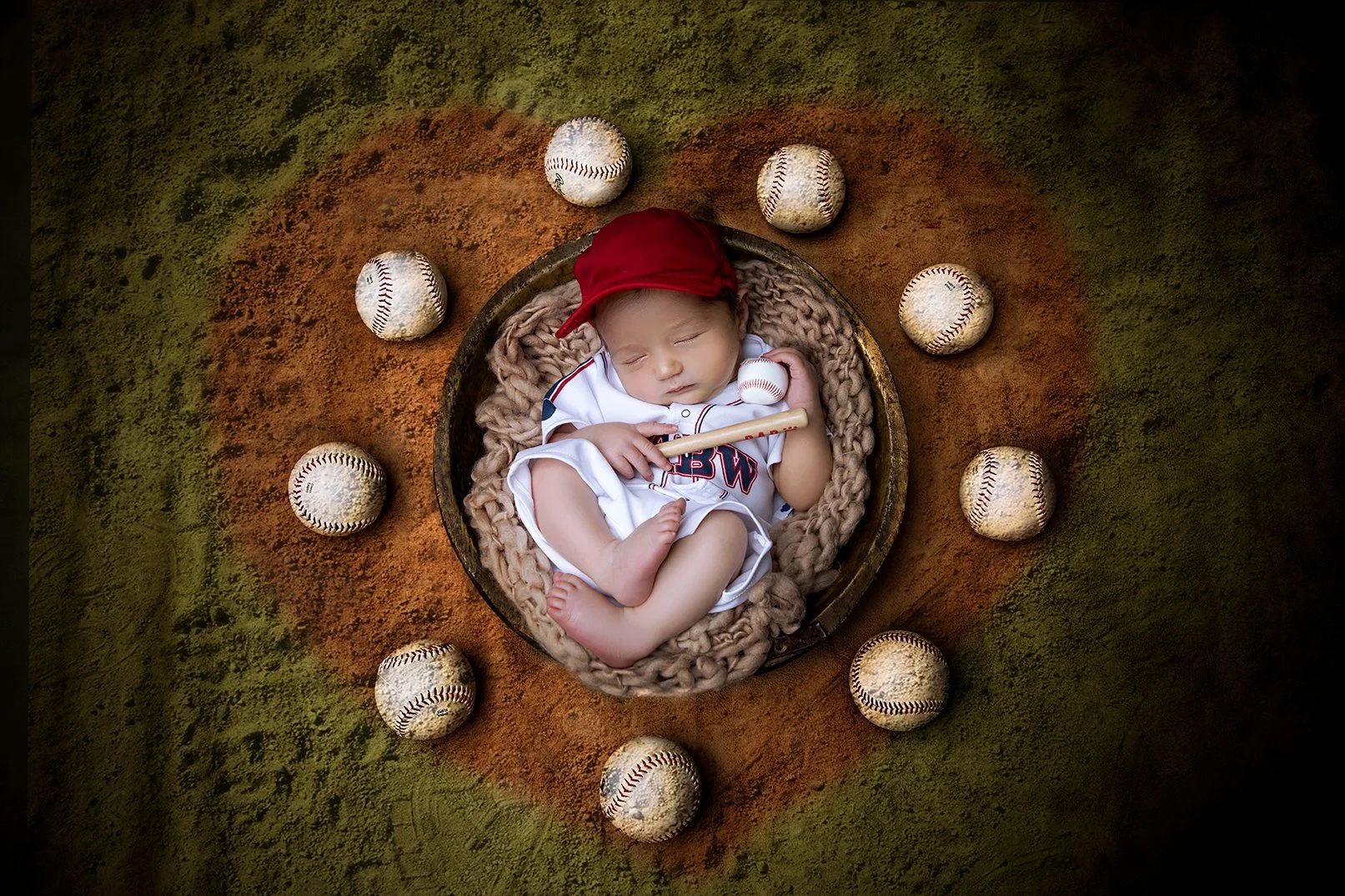 A baby in baseball attire sleeping in a round basket, surrounded by baseballs on a baseball field.