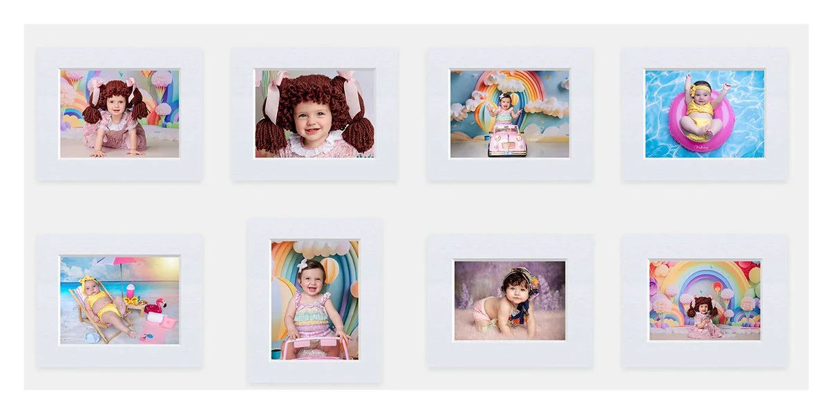 Set of eight photos of young children in colorful settings, some with rainbow-themed backgrounds, playing or posing.