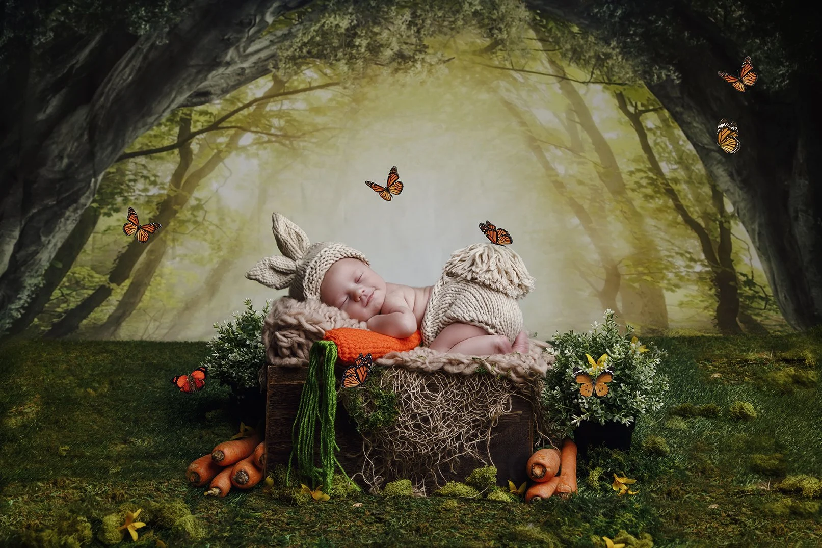 A sleeping baby dressed in a bunny costume with knitted ears, lying on a soft blanket in a forest-themed setting with butterflies and carrots.