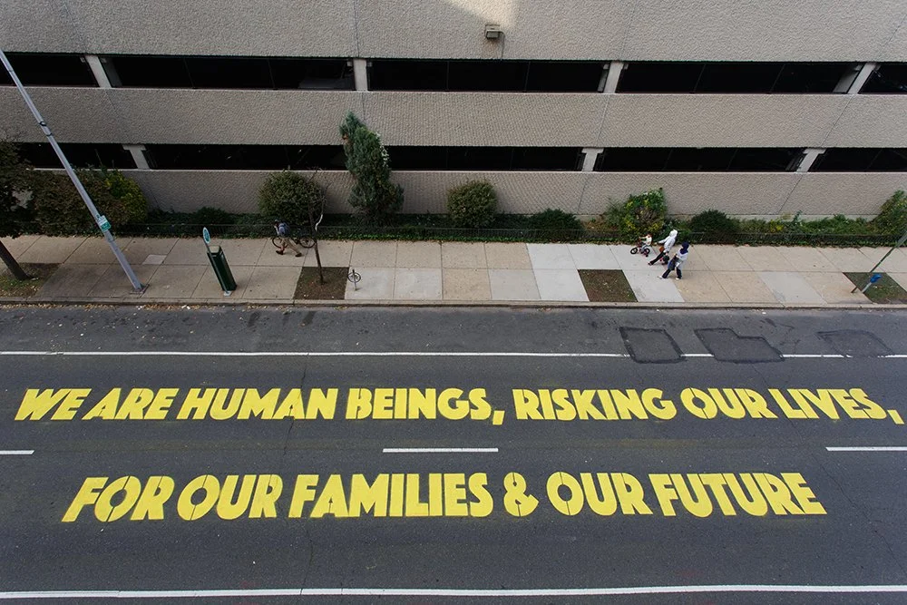 90-foot painting installed in front of the Immigration and Customs Enforcement (ICE) building, 2015. Photo by Steve Weinik, courtesy the artist.