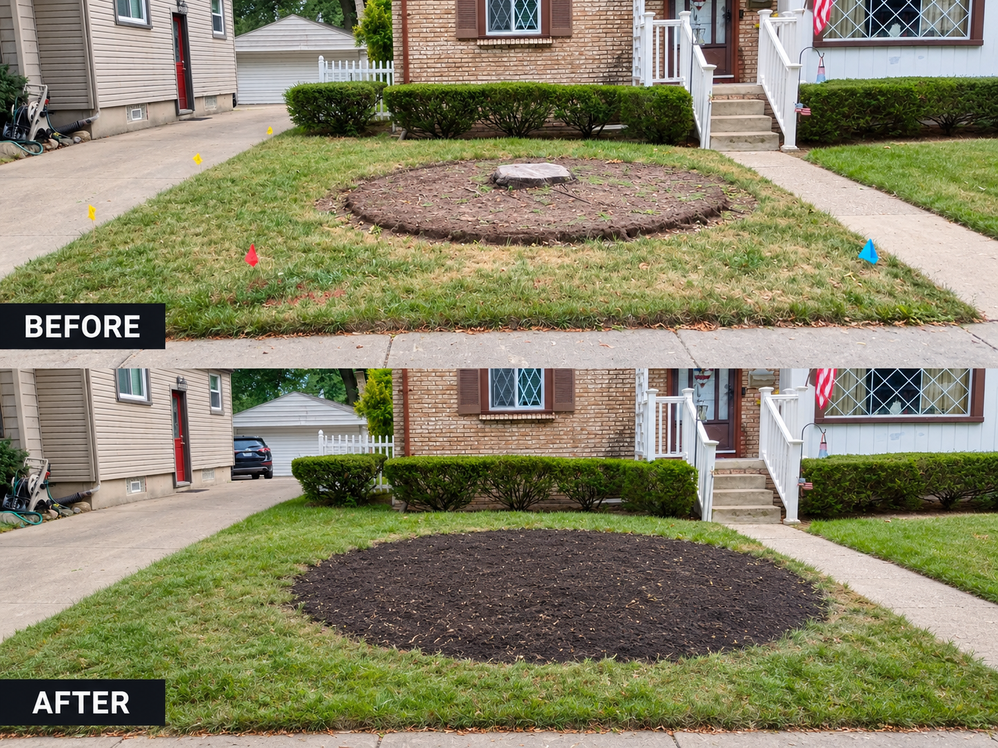 Side-by-side comparison of a front yard before and after landscaping work. The 'before' image shows a grass lawn with a circular patch of bare dirt and a tree stump in the center, marked with colorful flags around the perimeter. The 'after' image sho