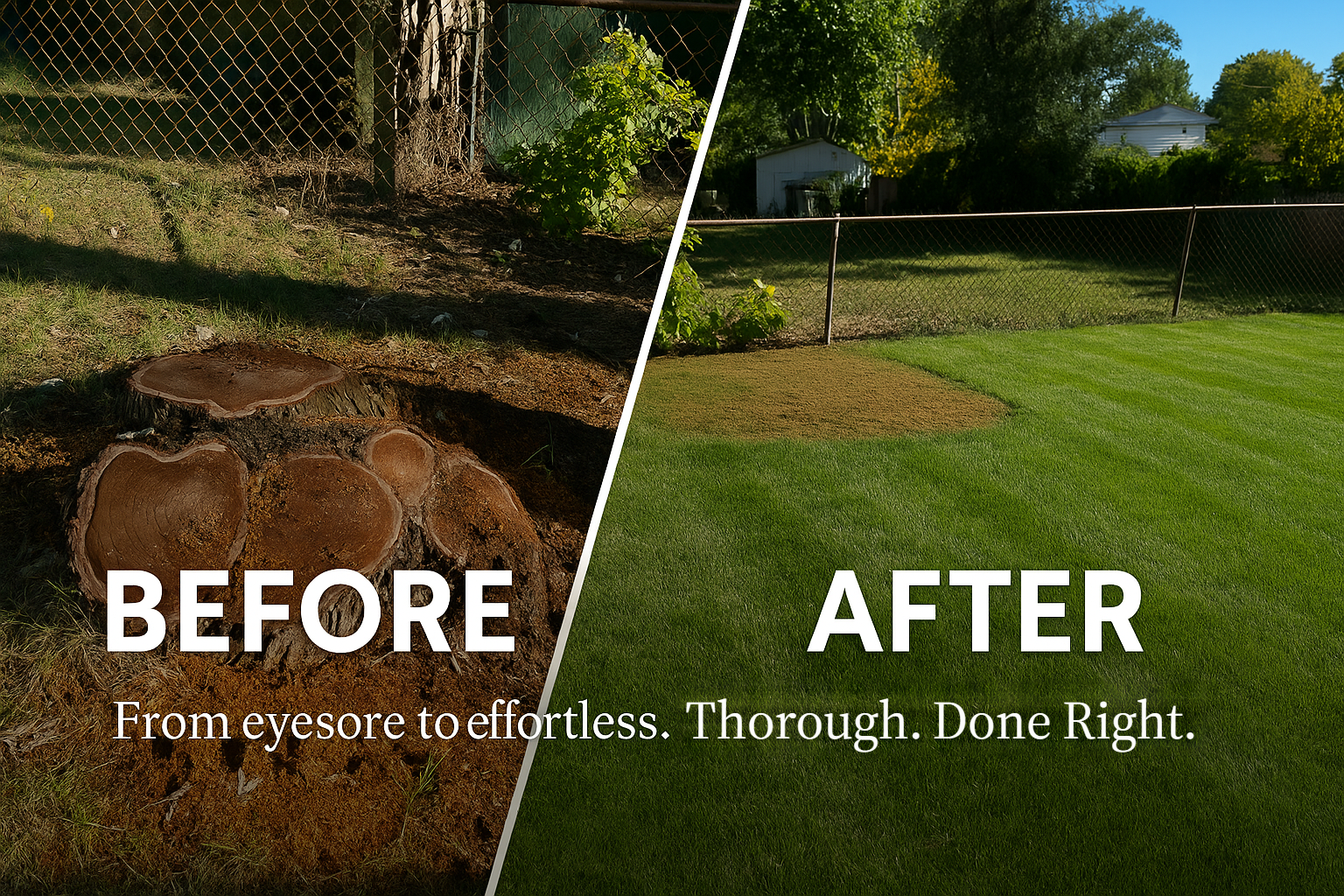 Before and after stump grinding. Before: a large, multi-trunk tree stump in bare dirt next to a chain-link fence. After: a level green lawn along the fence with a small patch of bare soil where the stump was.
