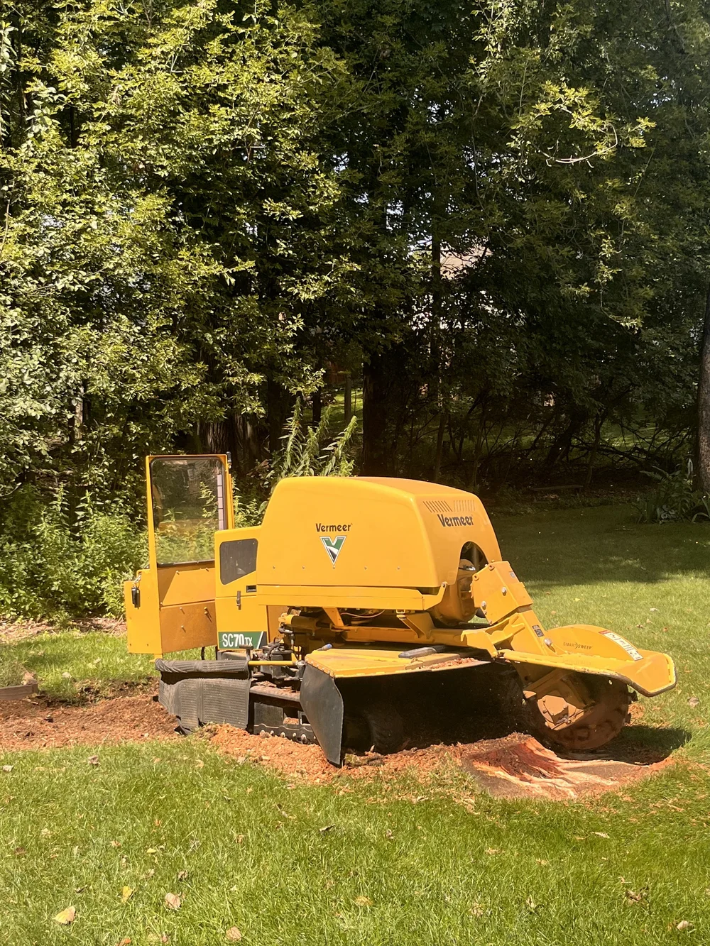 Stumpocalypse grinding a backyard stump below grade with a Vermeer SC70TX in Metro Detroit