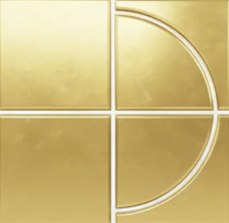 Geometric drawing of an outline square with sections divided by vertical, horizontal, and circle lines.