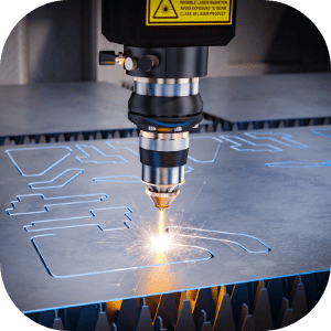 Laser cutting metal sheet with sparks and bright light from the laser beam.