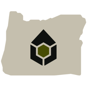 Illustration of a map of Oregon with a black and green logo in the center