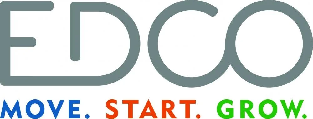 Logo with large gray text 'EDCO' above the slogan 'MOVE. START. GROW.' in blue, red, and green letters.