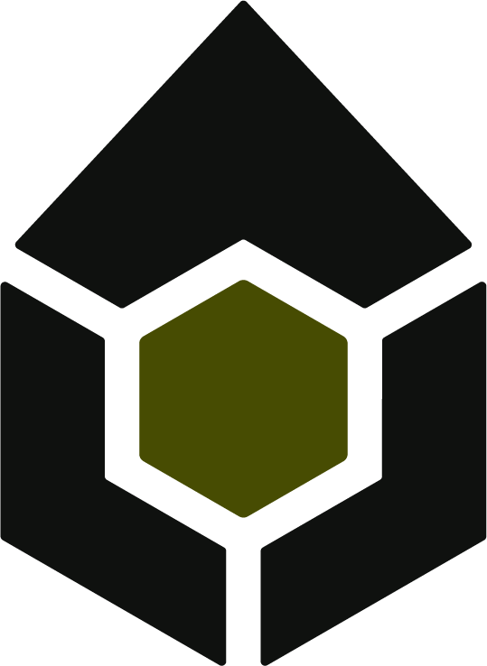 A black and olive-green geometric 3D cube with a hexagon in the center.