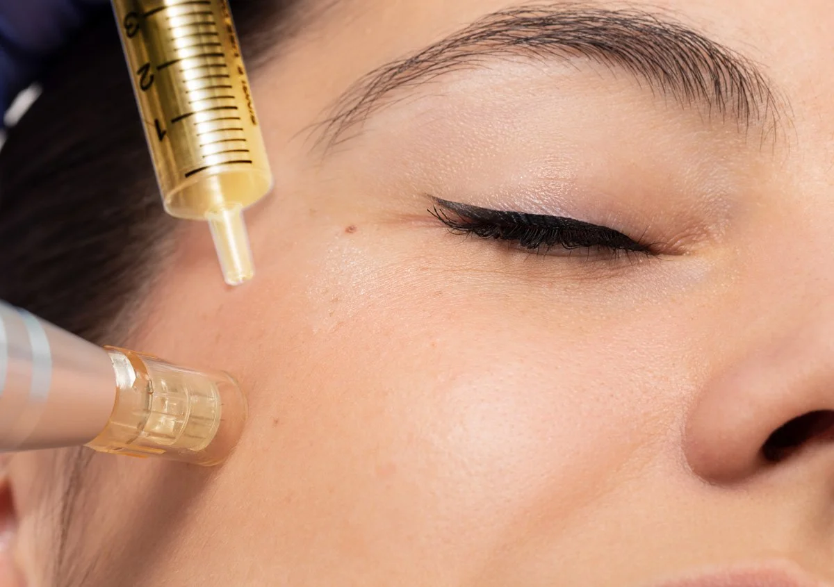 Close-up of a woman receiving a facial injection, with a syringe near her cheek and her eyes closed.