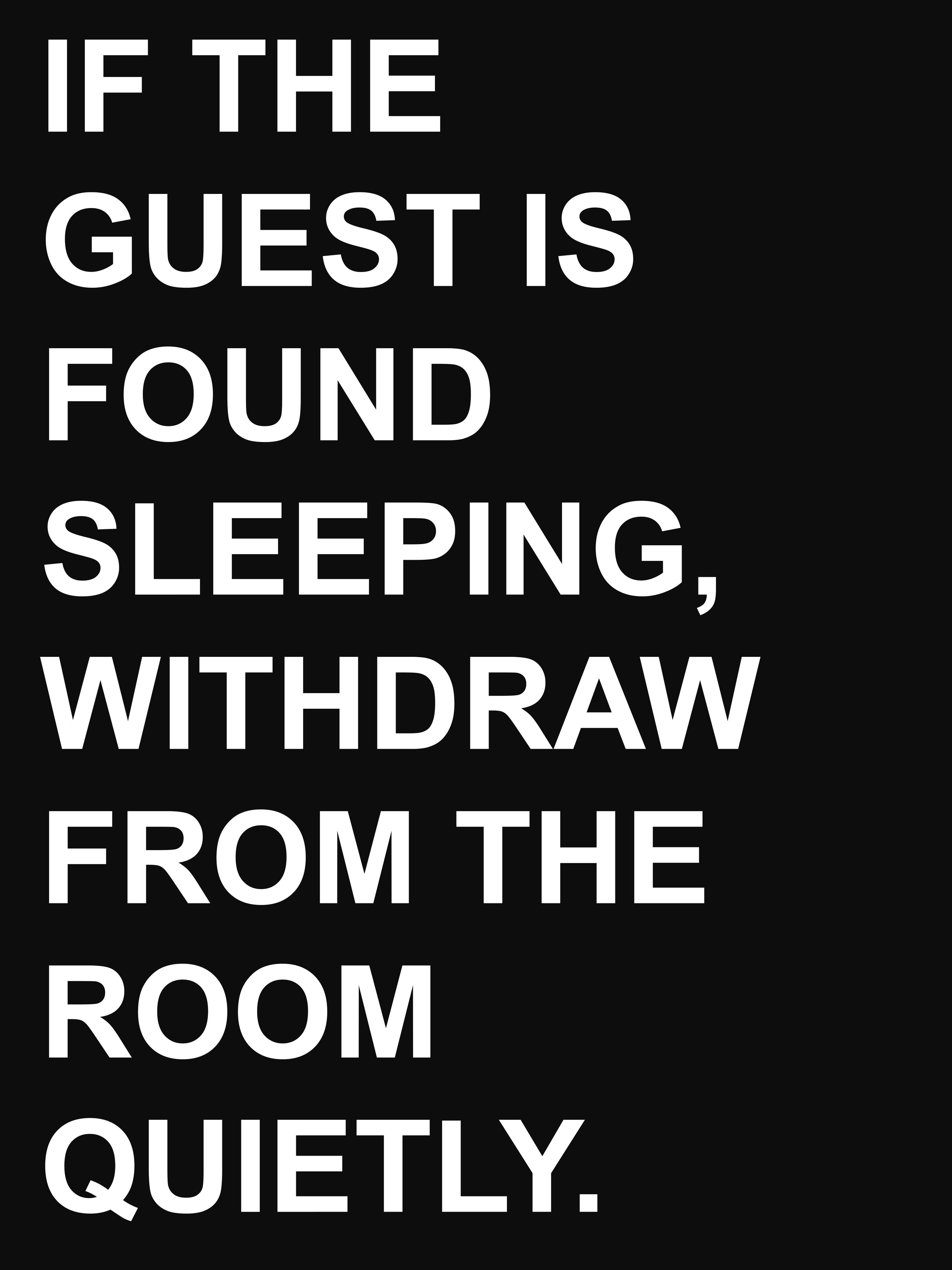 Withdraw Quietly, 2026. Text extracted from hotel housekeeping SOP manual. PVC-free banner, 120 × 160 cm (47 ¼ × 63 in). Price on request