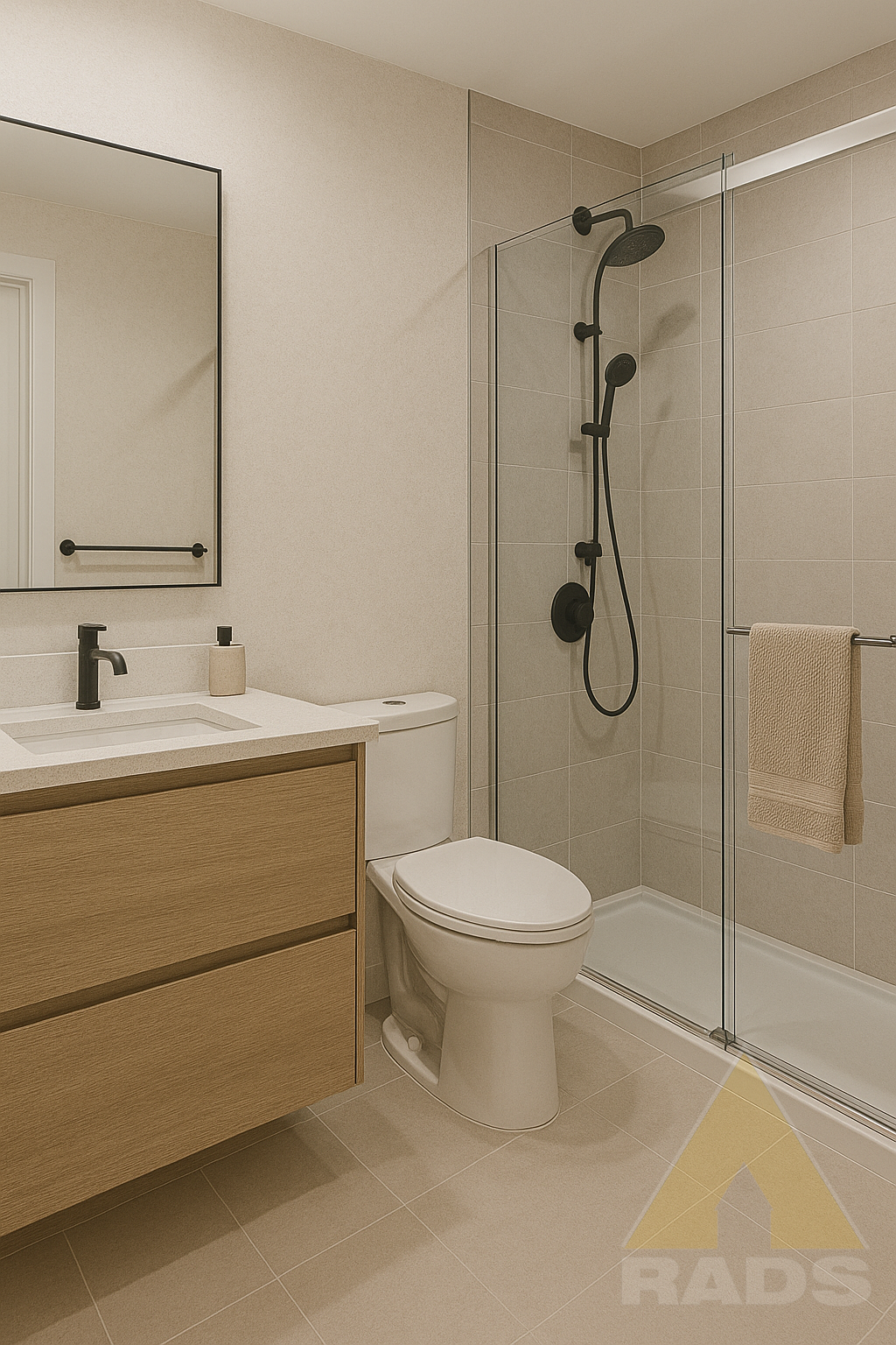 A refined modern bathroom crafted by RADS for a boutique-style 1 BHK apartment in Guwahati. Featuring a clean layout with a sliding glass shower enclosure, matte black rain shower and fixtures, and a floating oak-finish vanity with integrated basin,