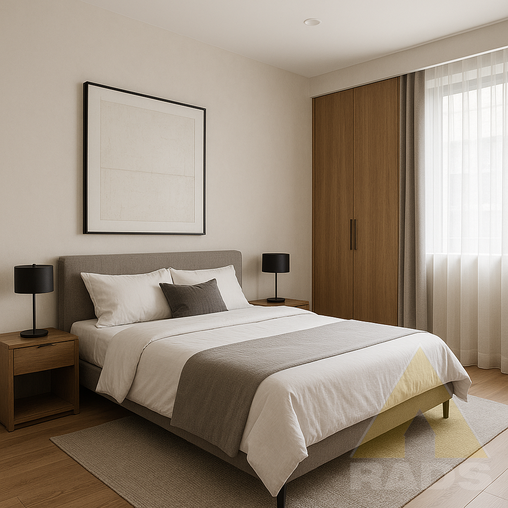 A serene and elegant bedroom designed by RADS for a compact 1 BHK apartment in Guwahati. The space features a warm neutral palette, clean-lined furniture, ambient lighting, and smart built-in storage. Designed for restful living, this bedroom exempli