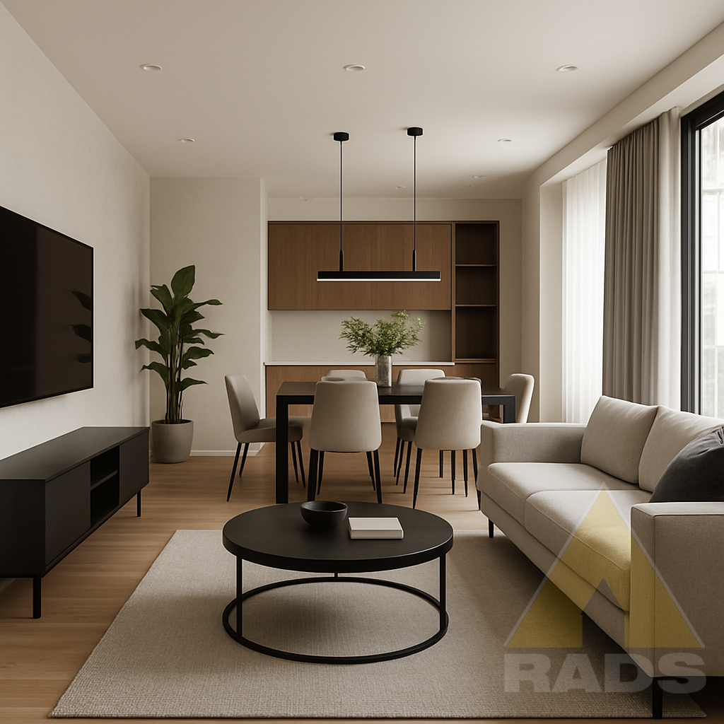 Interior view of a thoughtfully designed 1 BHK apartment in a prime Guwahati property. Executed by RADS, the space showcases a minimalist layout with warm tones, light wood finishes, and custom-built furniture—an elegant example of compact modern liv