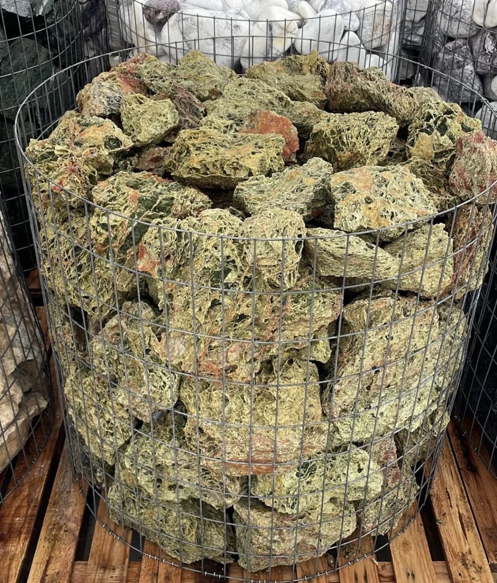 Wholesale Green Reef Coral landscape rocks in olive sage and earth tones