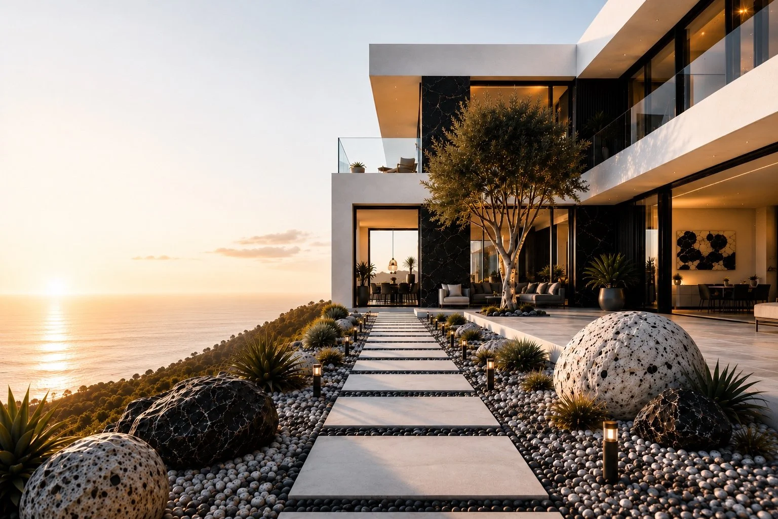 Premium outdoor landscape with sandstone pavers imported pebbles decorative rocks and patio materials