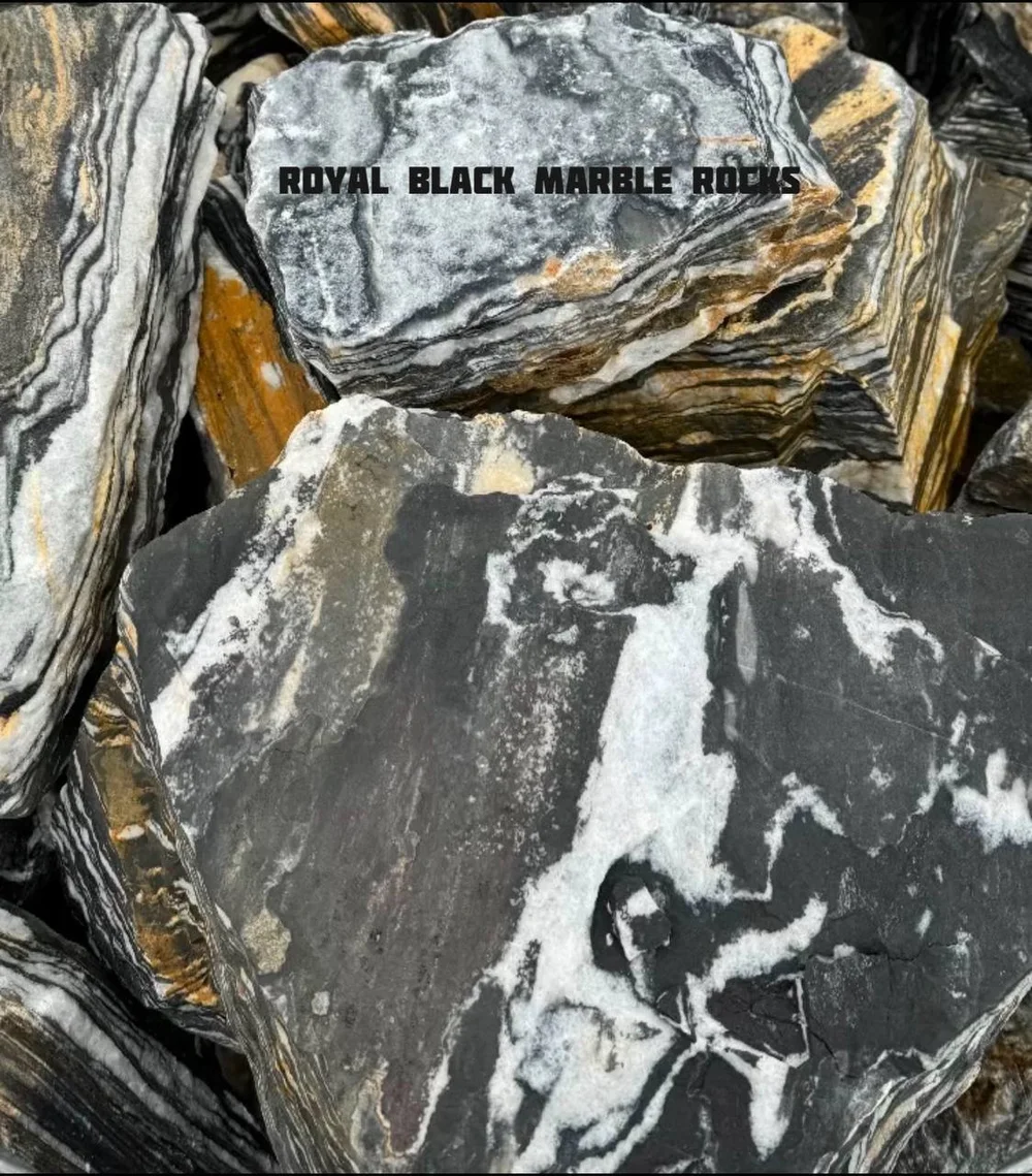 Royal Black premium landscape rocks with white gray and gold veining