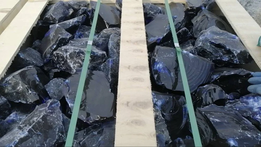Dark Blue premium decorative glass chunks packed for landscape supply