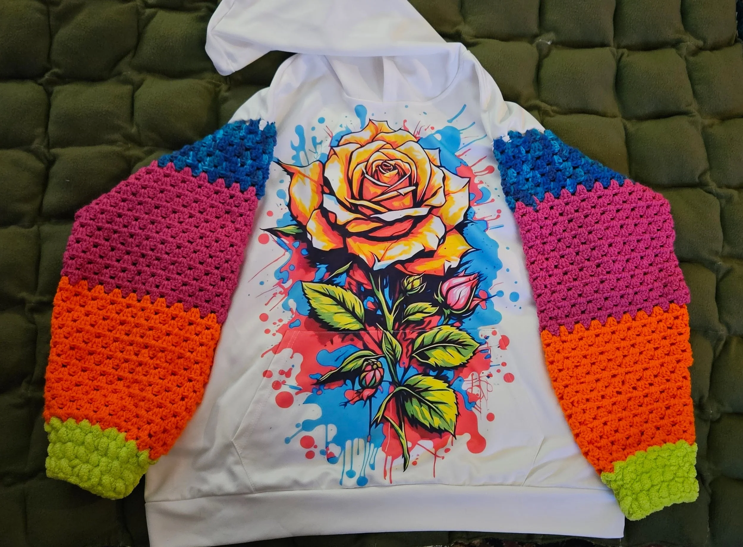 Thrifted Upcycle ALERT! Grafitti Rose Crochet Sleeved Hoodie