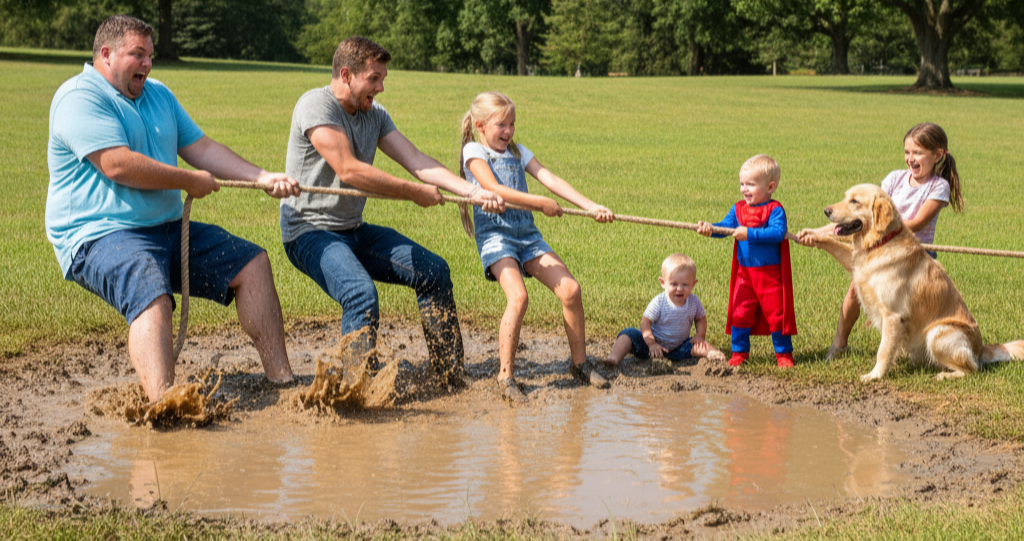 A group of five children and two adults playing tug-of-war with a dog across a muddy patch in a park.