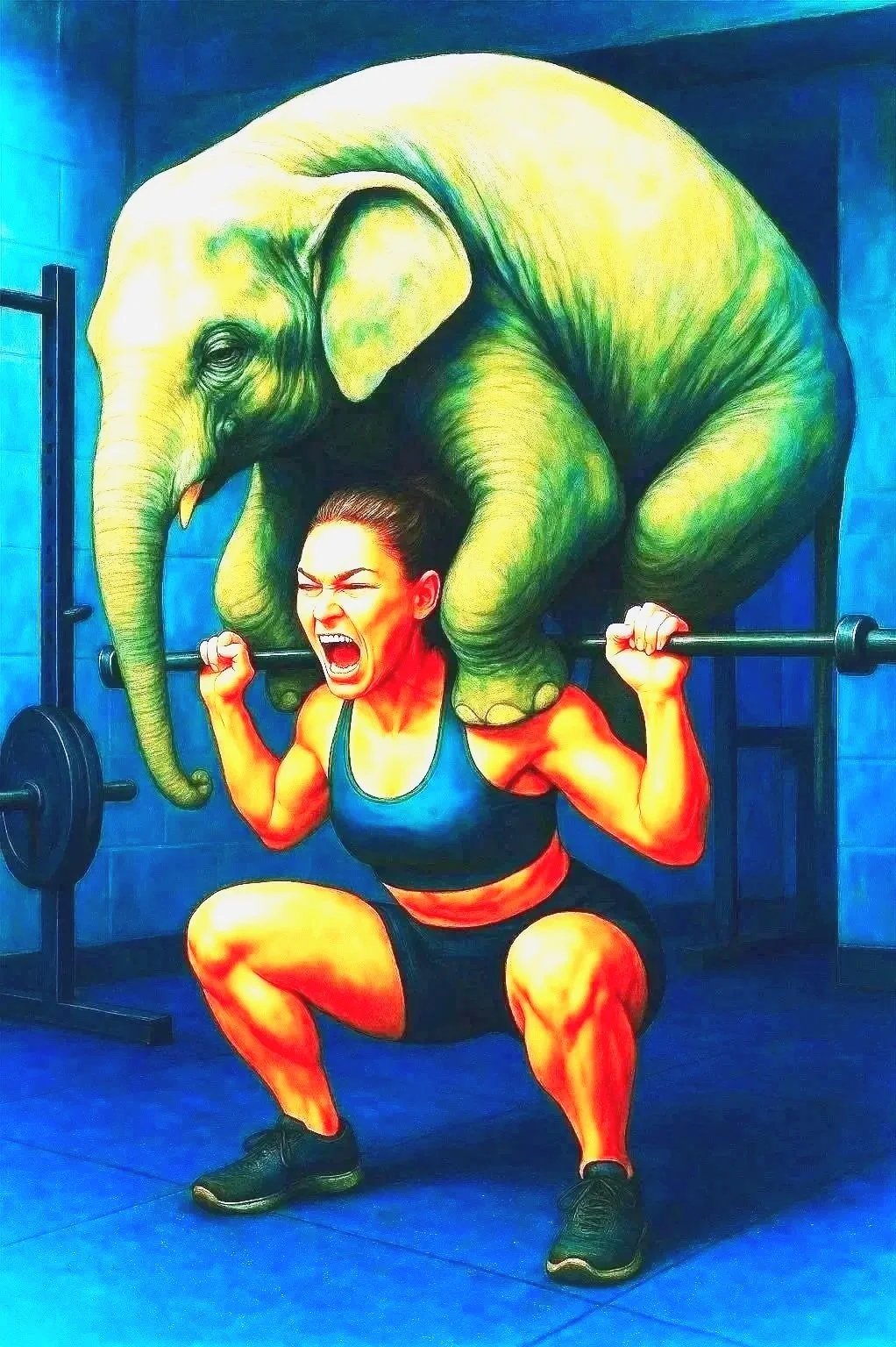 A woman squatting, lifting a barbell with an elephant on her back. illustrating exercise with mental health struggles sometimes feel like that weight on your shoulders