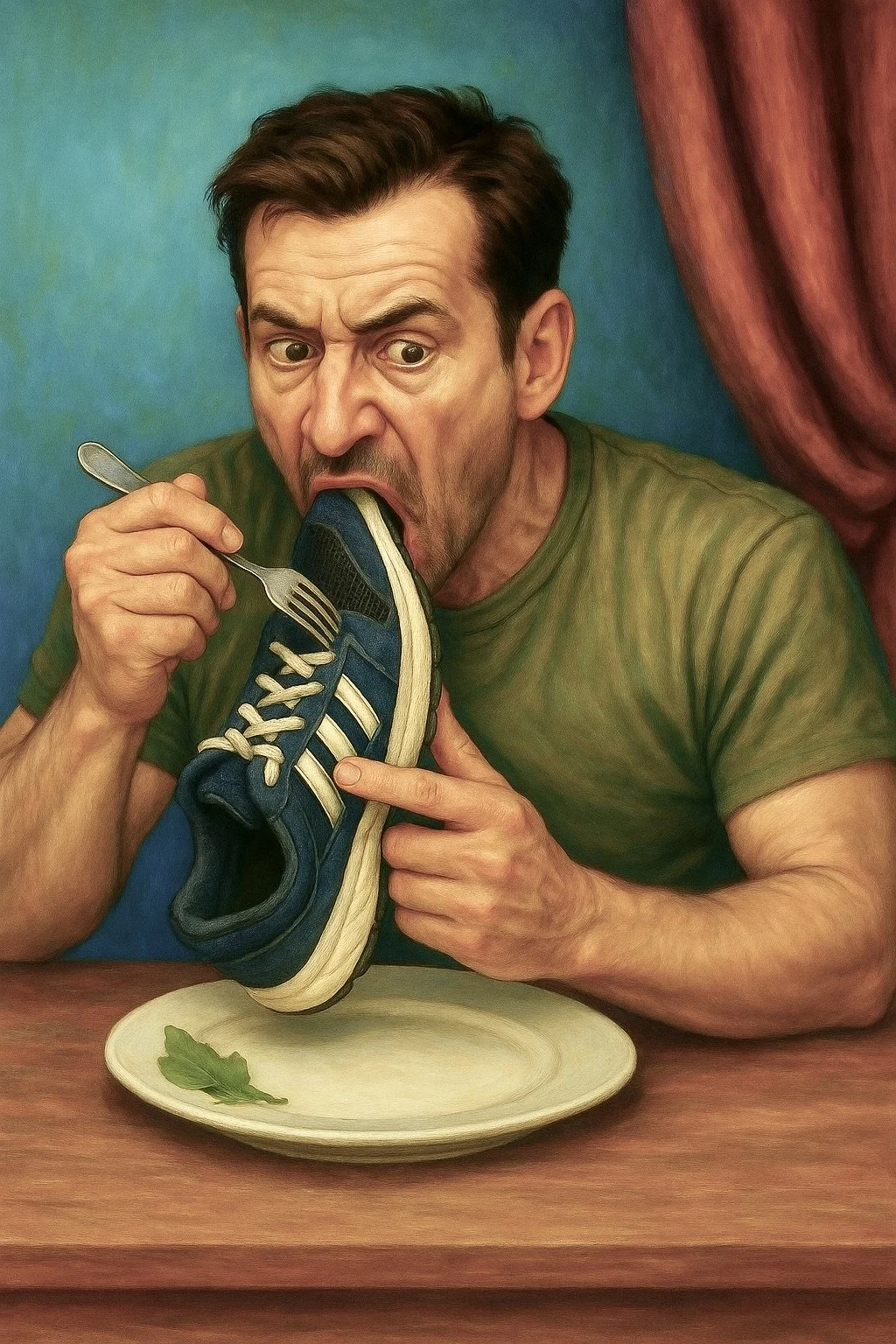A man in a green shirt has a sneaker in his mouth while holding a fork with his hand, pointing at the sneaker. There's a plate with a basil leaf on a wooden table in front of him and a blue background with a red curtain on the side.