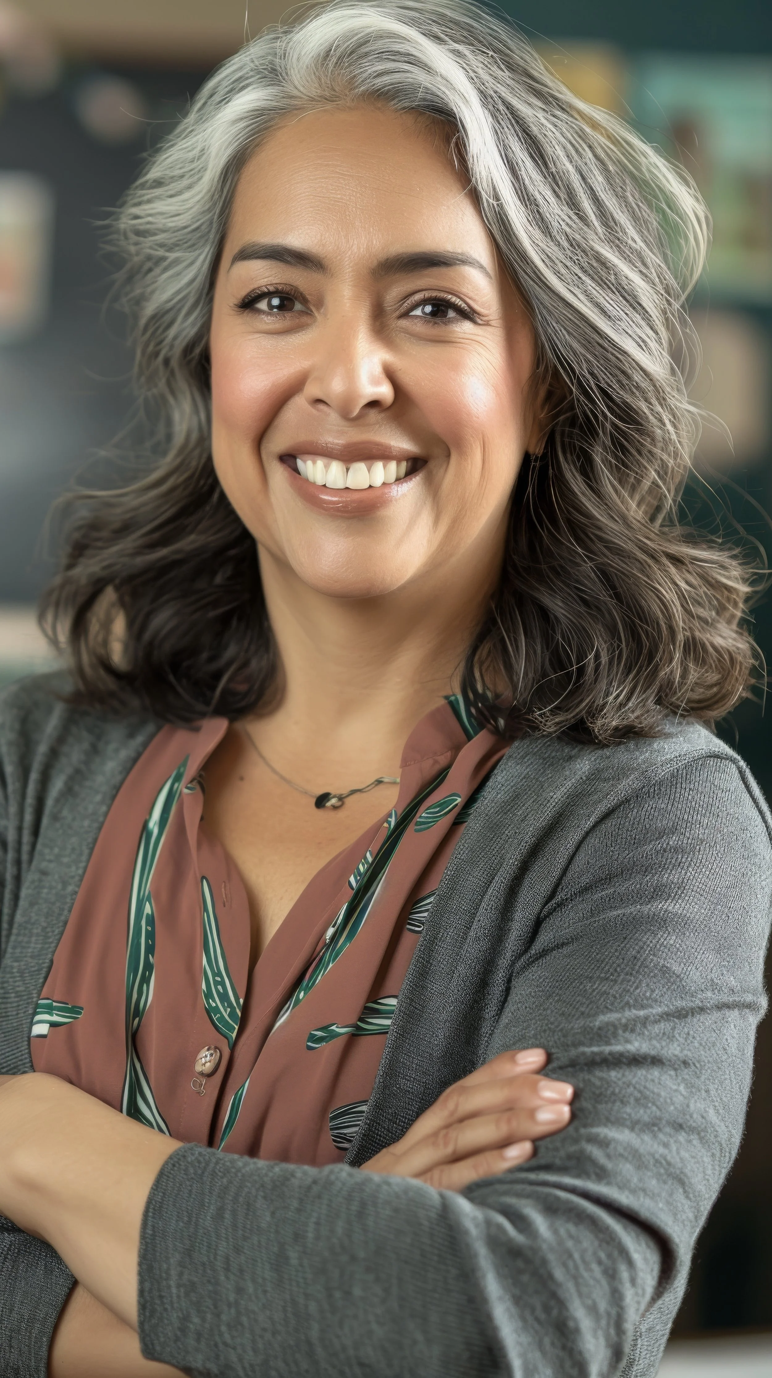 A smiling woman with gray and black hair, wearing a gray blazer over a patterned blouse, standing with crossed arms in an indoor setting.