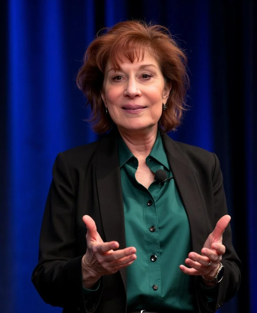 A middle-aged woman with reddish-brown hair, wearing a black blazer over a green blouse, speaking on stage with a blue curtain background.