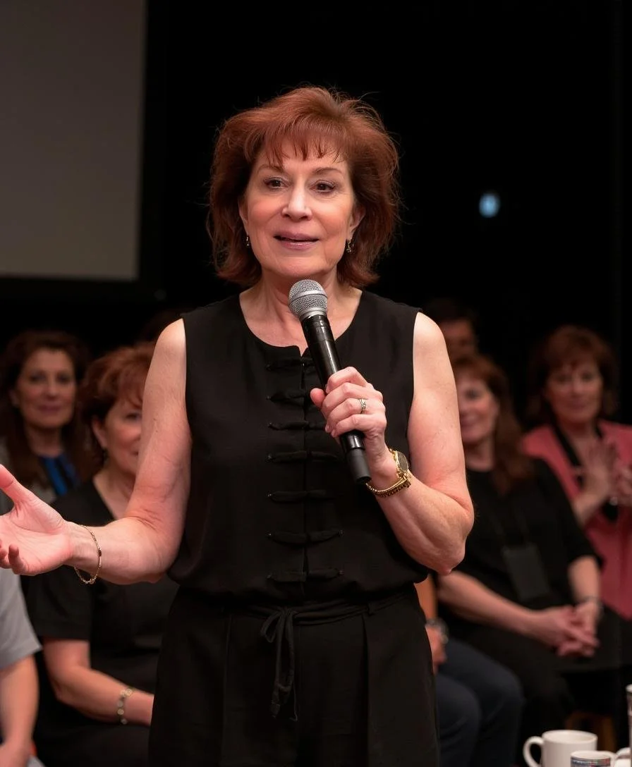 A woman with short reddish-brown hair speaking into a microphone at a gathering, with several women seated in the background.