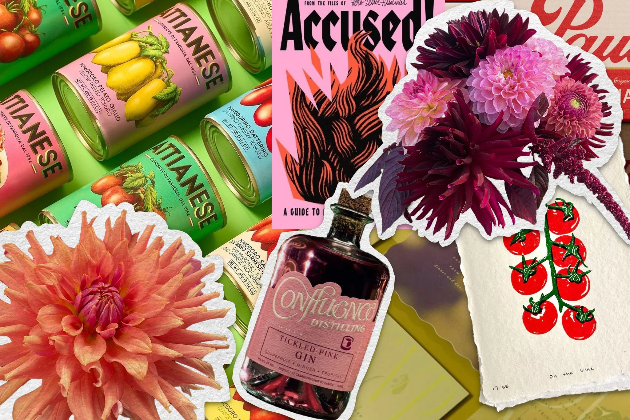 a collage of flowers, linocut prints, packaging and illustration samples