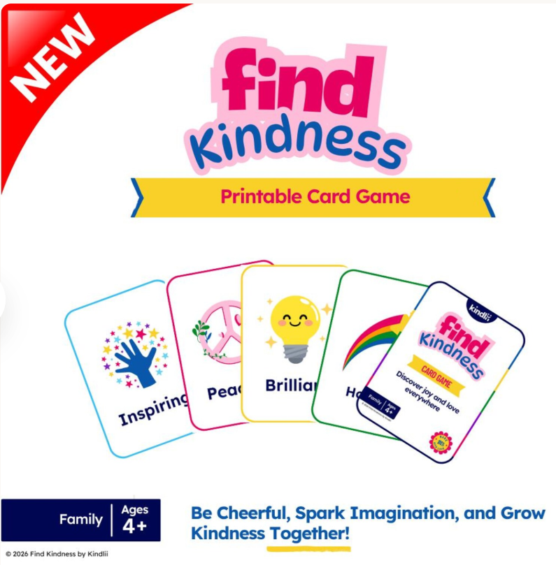 Packaging of the 'Find Kindness' printable card game for ages 4 and up, featuring colorful greeting cards with words like 'Inspiring,' 'Peace,' 'Brilliant,' and 'Happy' and a 'NEW' label in red.
