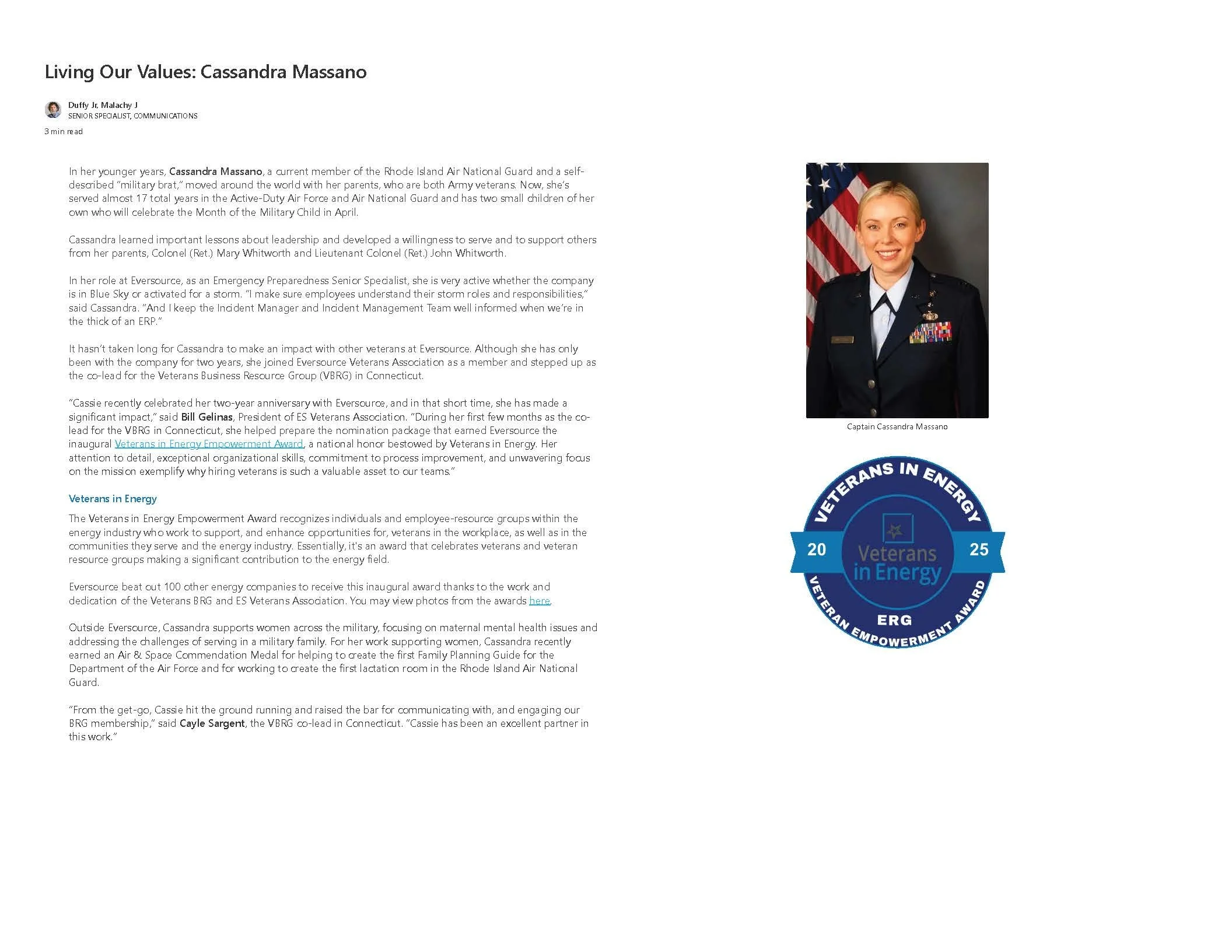 Cassandra was recognized during Woman's History Month 2025 for her outstanding contributions to her profession and her community. She was spotlighted in the "Living Our Values" page dedicated to employees who exemplify Eversource's core values. 