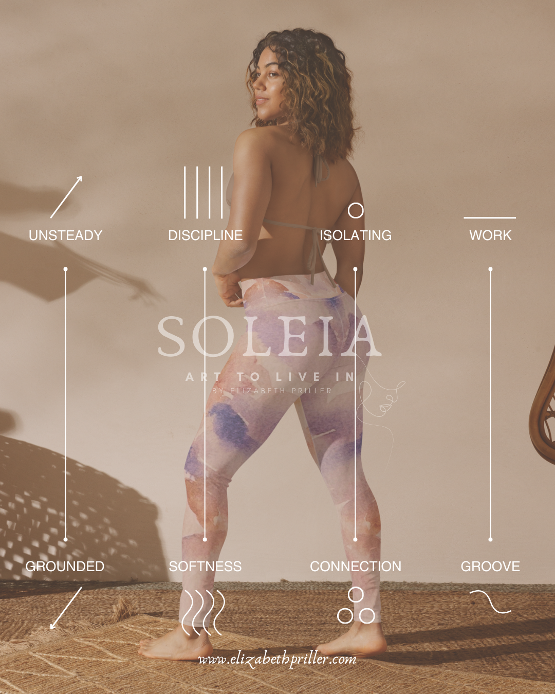 A woman in colorful leggings and a backless top standing on a woven mat against a beige background, with text overlay describing emotional states such as unsteady, discipline, isolating, work, grounded, softness, connection, groove, and website URL www.elizabethpriller.com.