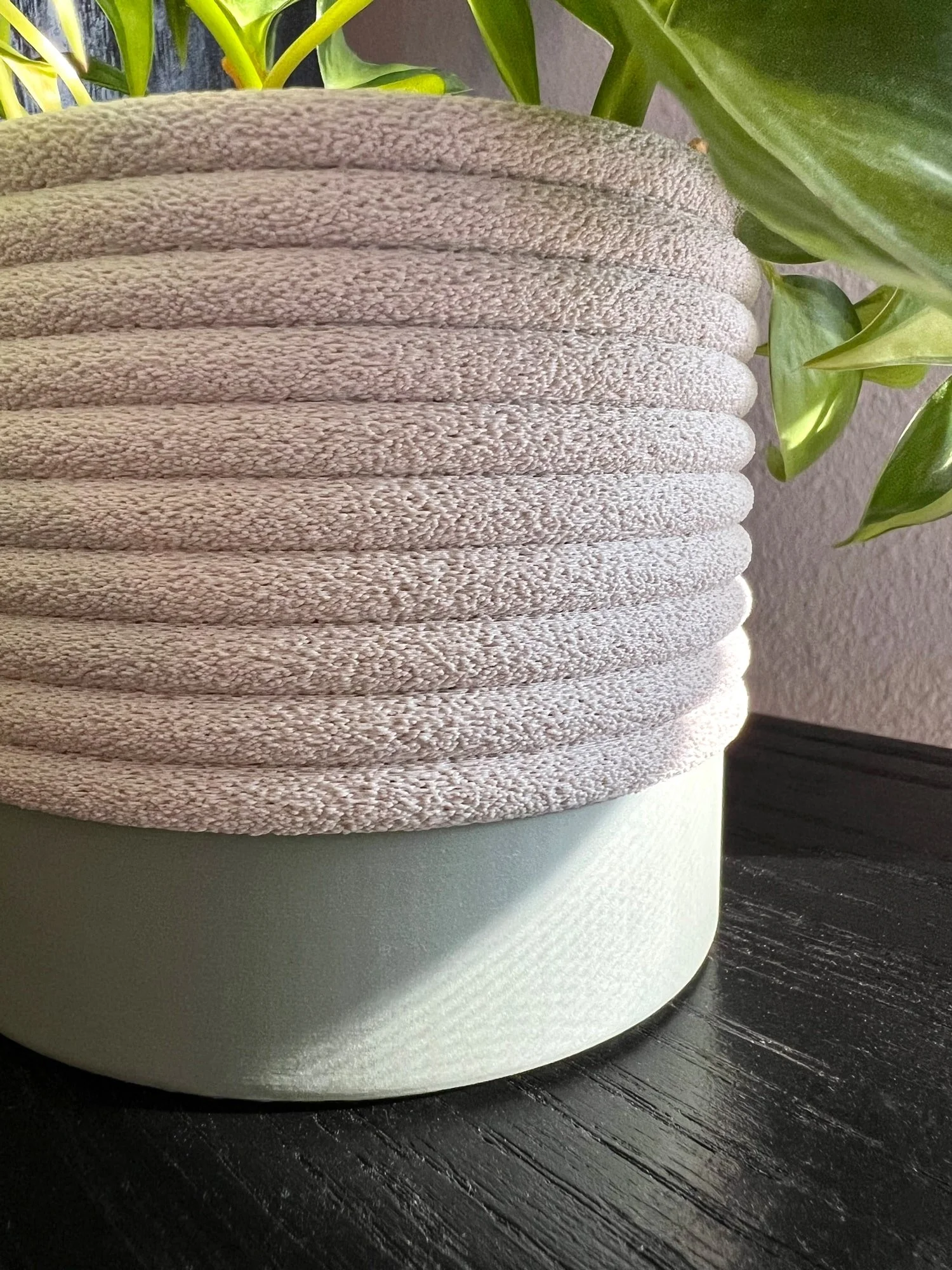 close up of neutral sage and off-white planter with a trailing plant on a black shelf