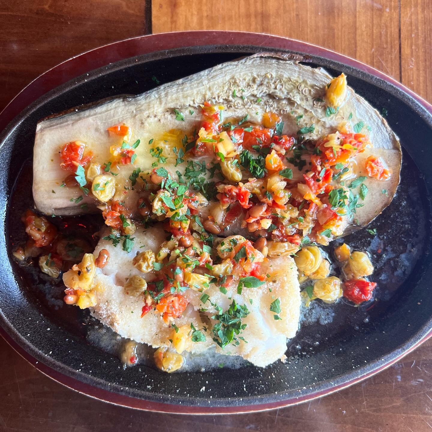 COD ALL&Aacute; SICILIANA
sicilian style breaded cod fish with roasted eggplant, sundried tomatoes, pickled celery, bloomed raisins, toated pine nuts, red wine vinegar and evoo

This and several other new items on our menu are available now!

Buon ap