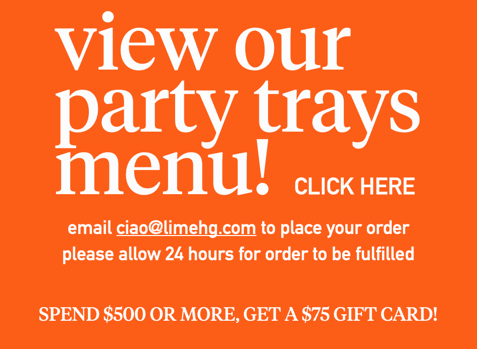 Orange background with white text promoting party tray menu, encouraging viewers to click for more details, email provided for placing orders, and a special offer for spending $500 or more to get a $75 gift card.