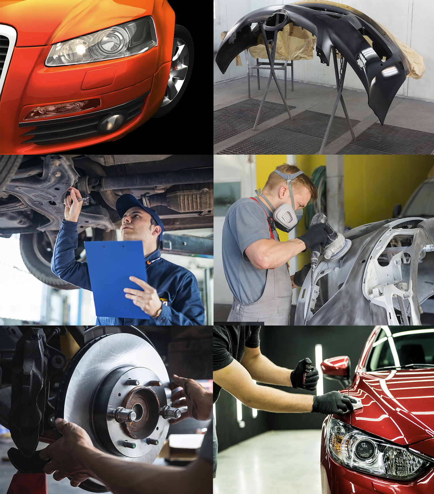 Collage of car maintenance and repair images including a close-up of a red car's front end, car parts on stands, a mechanic inspecting the underside of a vehicle, a worker polishing a car, a brake disc being installed, and a technician working on a red car's headlight.