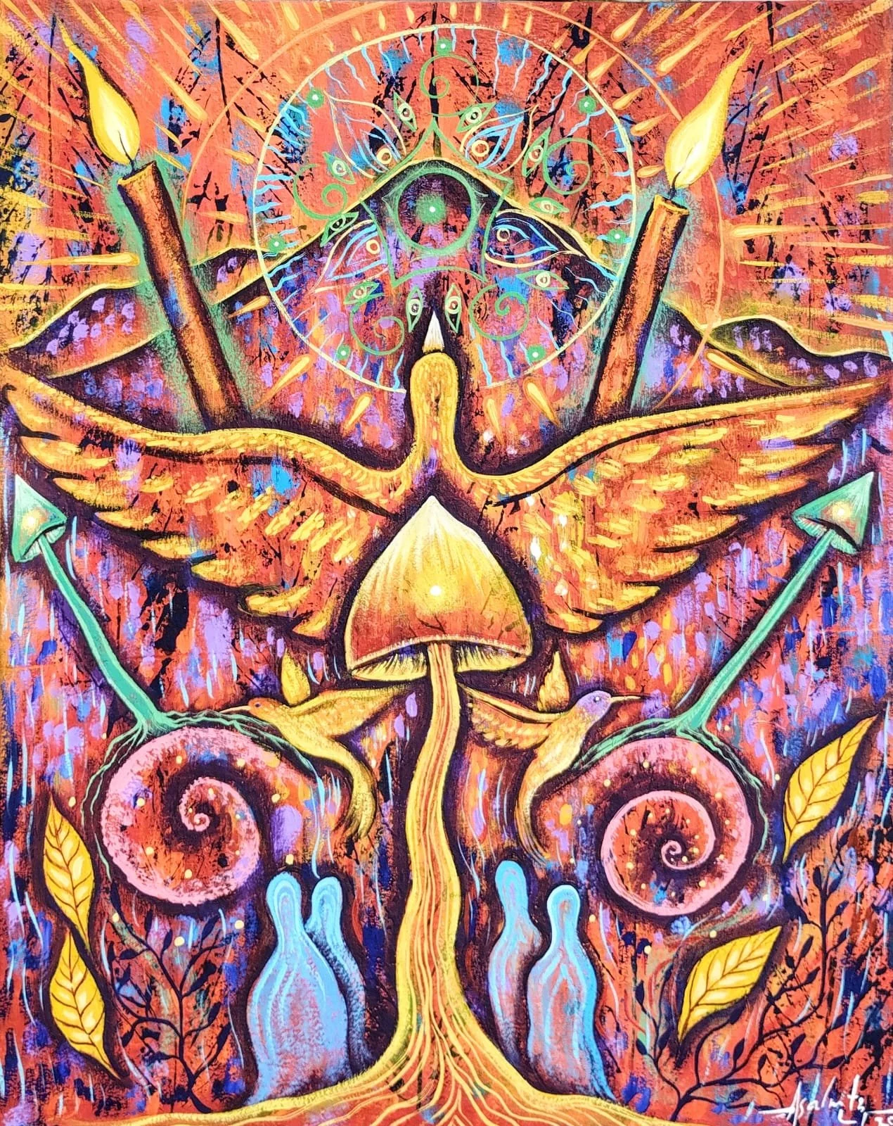 Painting a colorful bird against a mountain