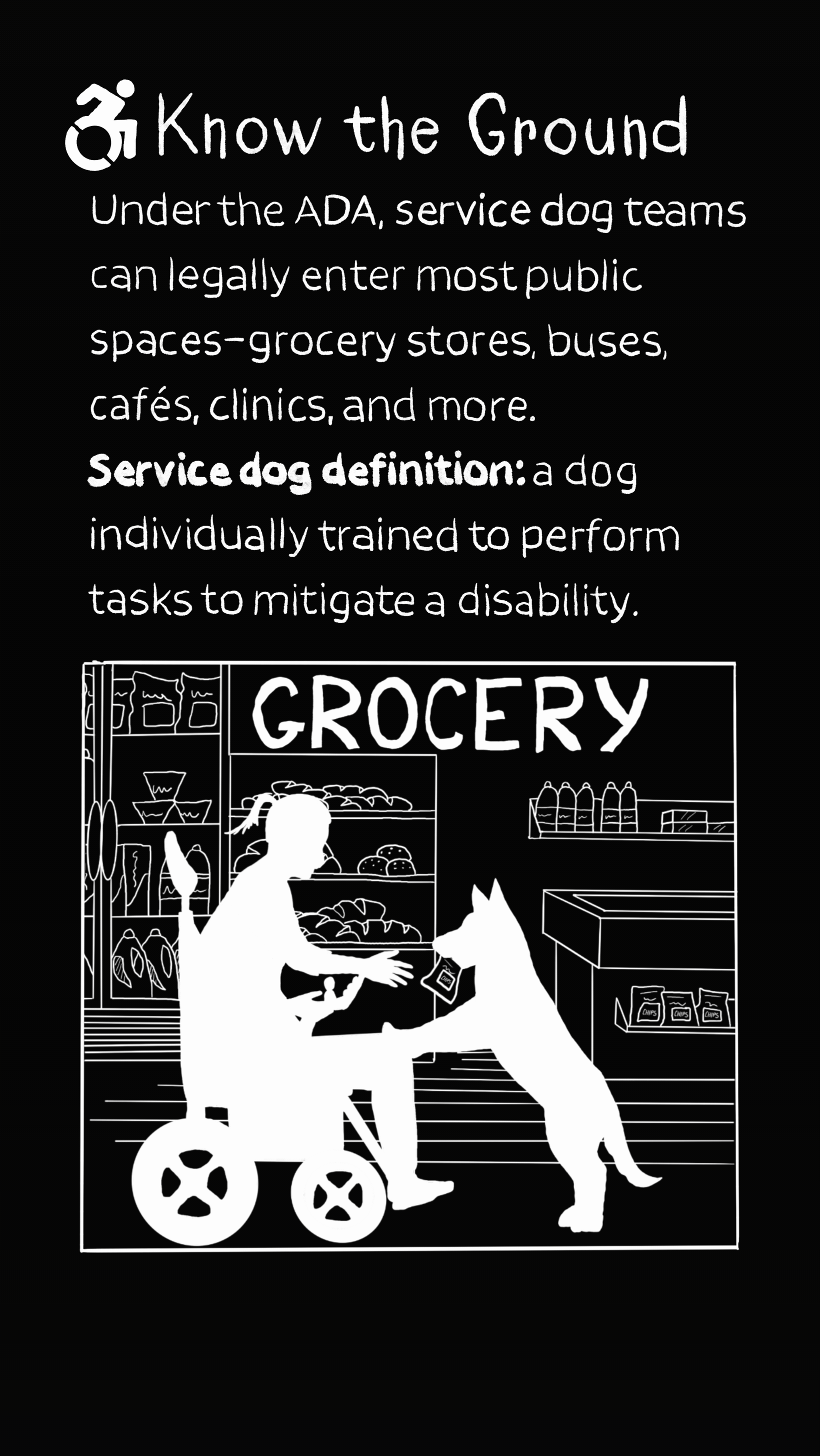 Informational poster about service dogs, with a silhouette illustration of a dog and person in a grocery store, featuring text explaining service dog regulations and definitions.