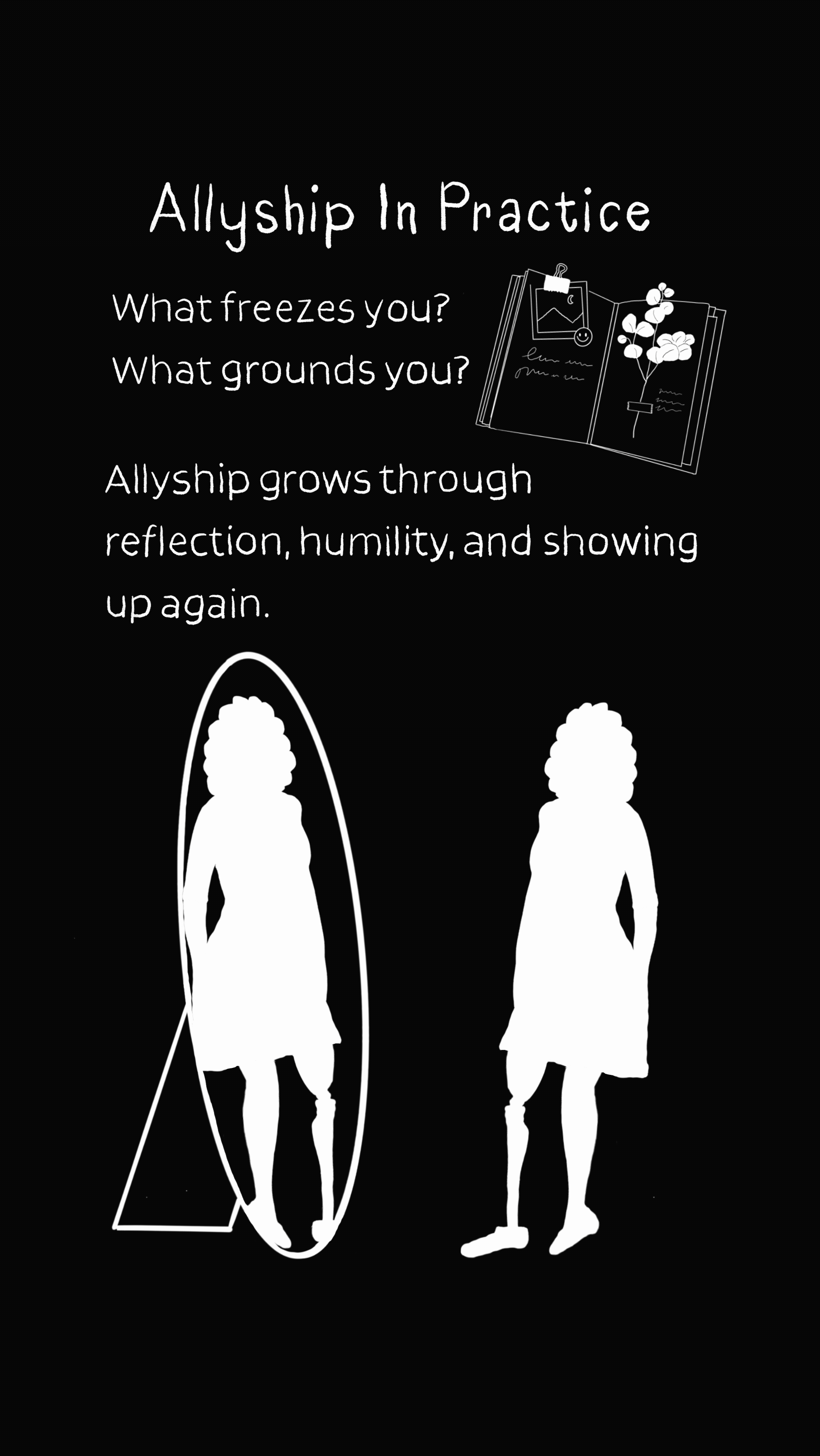 Inspirational quote: Allyship in practice, emphasizing reflection, humility, and resilience. Illustration of a person looking at a mirror and a person standing beside it.