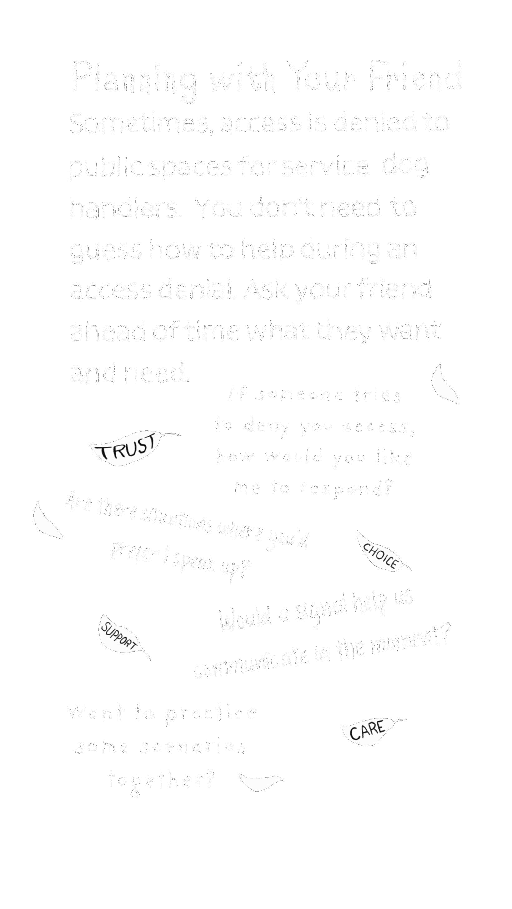 Informational poster with tips for communicating with service dog handlers, emphasizing the importance of asking ahead of time, offering support, and respecting access rights, surrounded by decorative words such as 'trust,' 'support,' 'choice,' and 'care' on a black background.