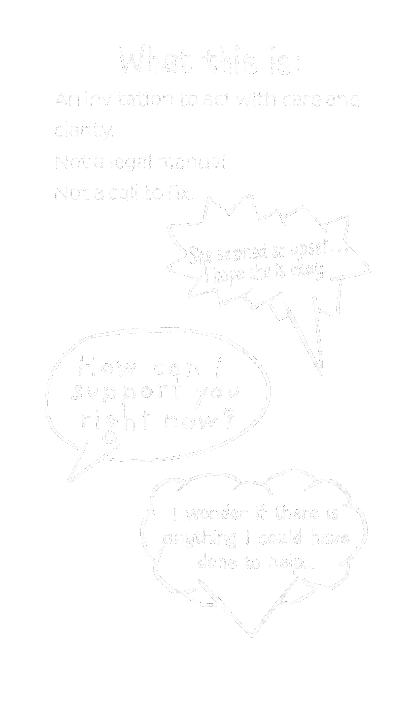 A black background with white handwritten text and speech bubbles, discussing support and caring actions, emphasizing that it is an invitation to act with care and clarity, not a legal manual or call to fix.